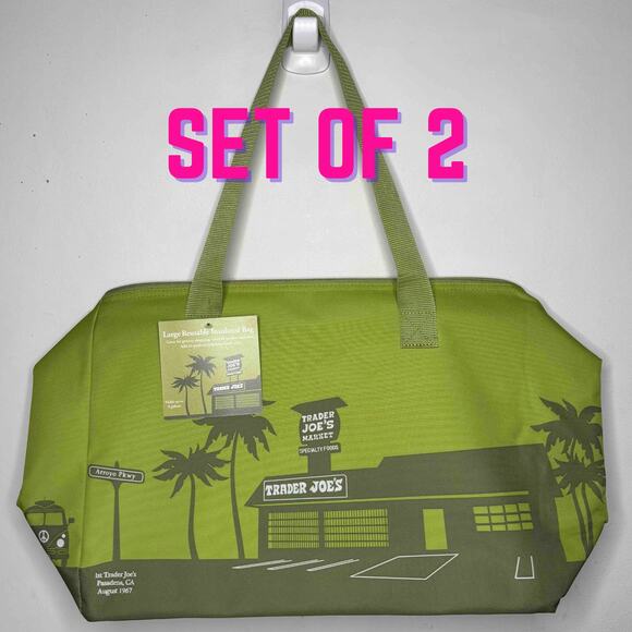 Set of 2 — Trader Joe’s Large Reusable Insulated Cooler Tote Bag Olive Green NWT - Picture 1 of 16